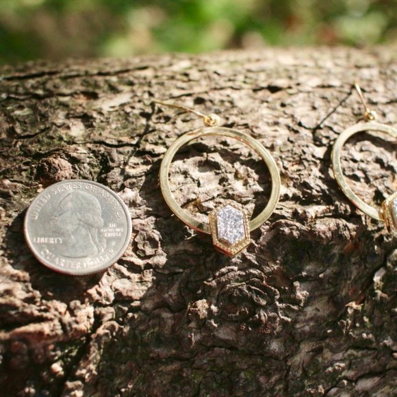 New Anthro Gold Druzy Sparkle Hoops Drop Earrings - Picture 7 of 12